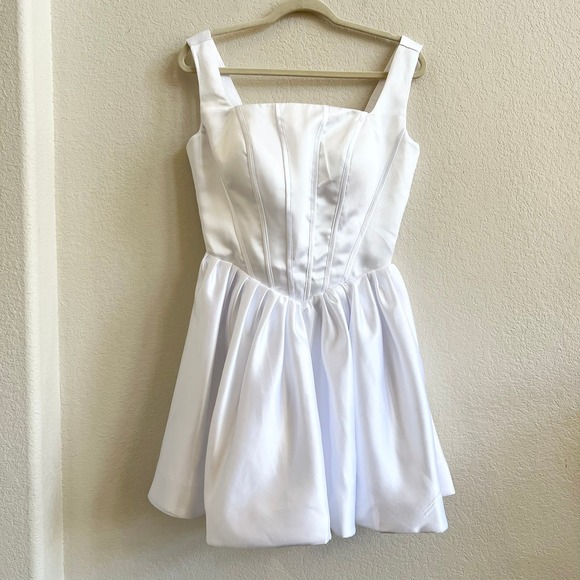 White Satin Corset Fit and Flare Mini Dress Bachelorette Party Bridal Graduation - Picture 7 of 13